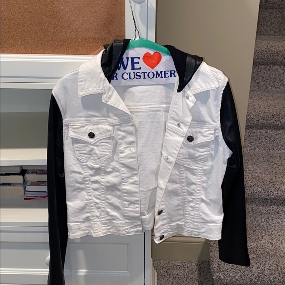 White Denim Jacket w/ Faux Leather Sleeves & Hood